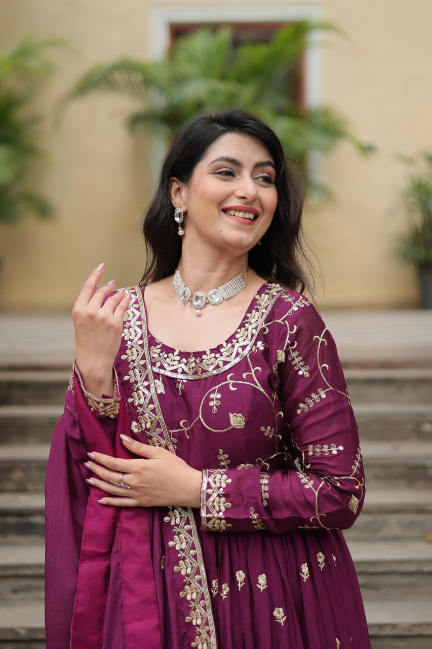 Elegant Chinon Sequins Embroidered Designer Top Sharara Suit - INDIAN ELEGANCE