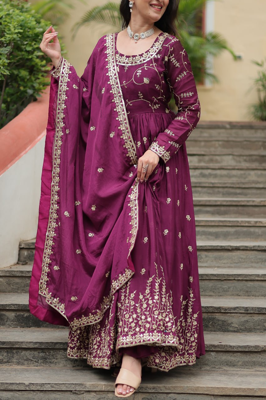 Elegant Chinon Sequins Embroidered Designer Top Sharara Suit - INDIAN ELEGANCE