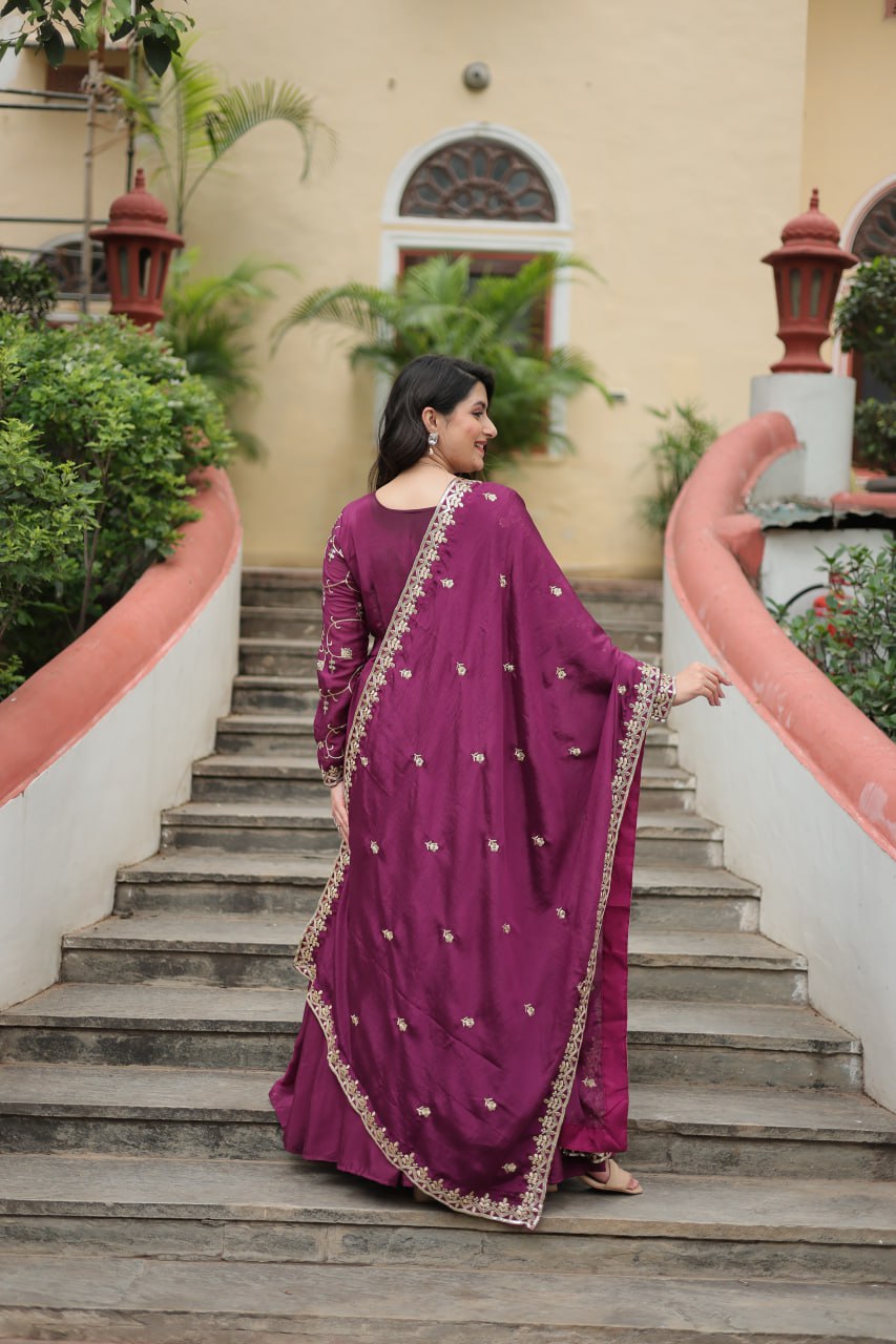 Elegant Chinon Sequins Embroidered Designer Top Sharara Suit - INDIAN ELEGANCE