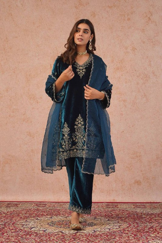 Teal Blue Heavy Viscose Velvet Kurta Pant Set with Thread Embroidery & Faux Georgette Dupatta