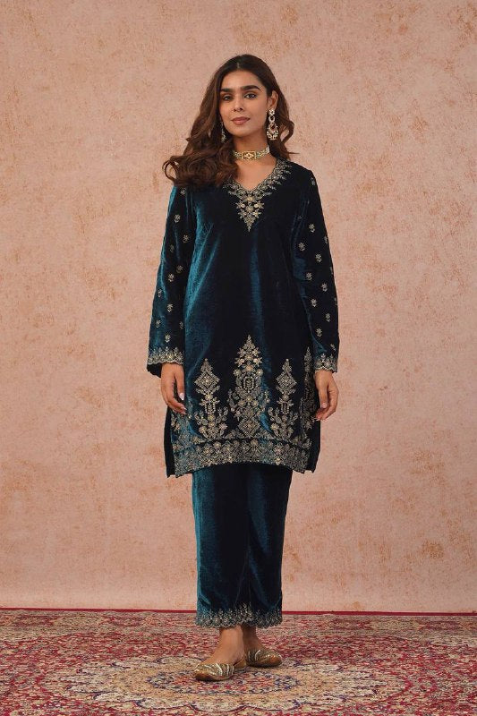 Teal Blue Heavy Viscose Velvet Kurta Pant Set with Thread Embroidery & Faux Georgette Dupatta
