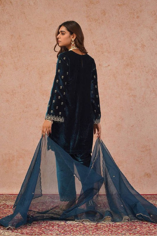 Teal Blue Heavy Viscose Velvet Kurta Pant Set with Thread Embroidery & Faux Georgette Dupatta