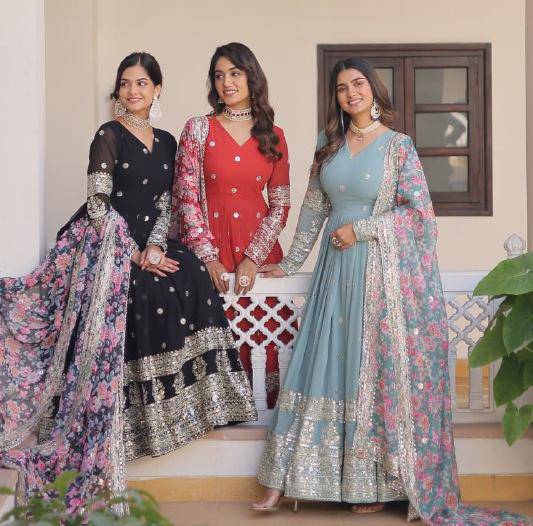 Elegant Faux Georgette Intricate Zari Sequins Worked Gown With Dupatta - INDIAN ELEGANCE