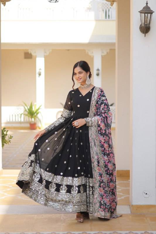Elegant Faux Georgette Intricate Zari Sequins Worked Gown With Dupatta - INDIAN ELEGANCE