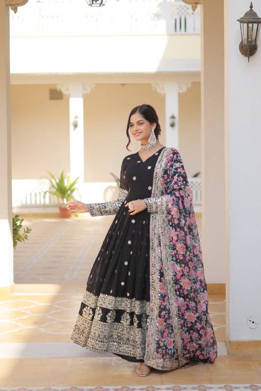 Elegant Faux Georgette Intricate Zari Sequins Worked Gown With Dupatta - INDIAN ELEGANCE