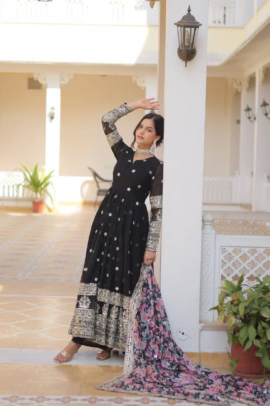 Elegant Faux Georgette Intricate Zari Sequins Worked Gown With Dupatta - INDIAN ELEGANCE