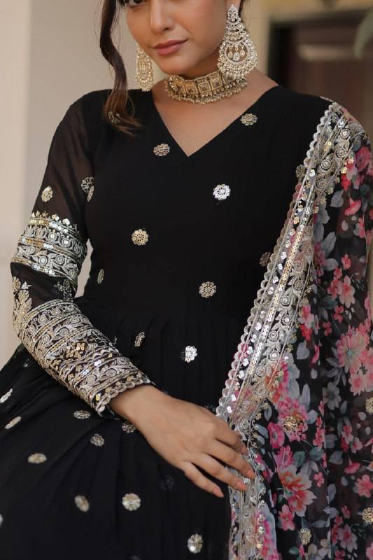 Elegant Faux Georgette Intricate Zari Sequins Worked Gown With Dupatta - INDIAN ELEGANCE