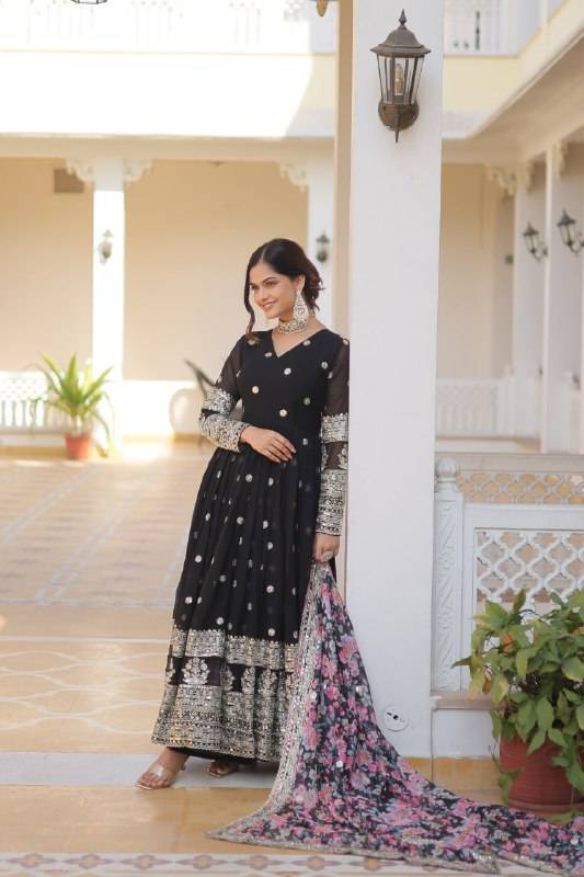 Elegant Faux Georgette Intricate Zari Sequins Worked Gown With Dupatta - INDIAN ELEGANCE