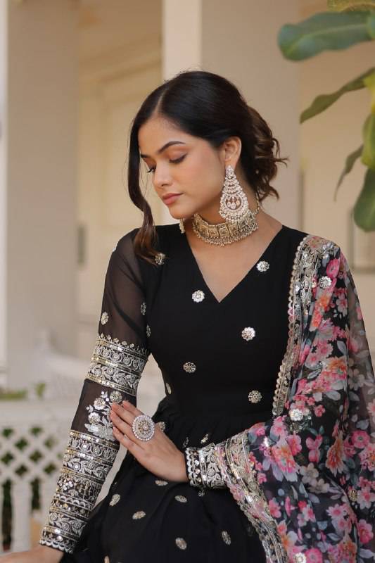 Elegant Faux Georgette Intricate Zari Sequins Worked Gown With Dupatta - INDIAN ELEGANCE