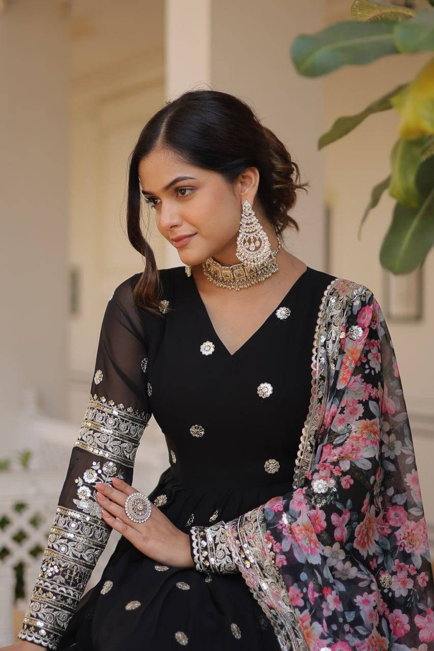 Elegant Faux Georgette Intricate Zari Sequins Worked Gown With Dupatta - INDIAN ELEGANCE