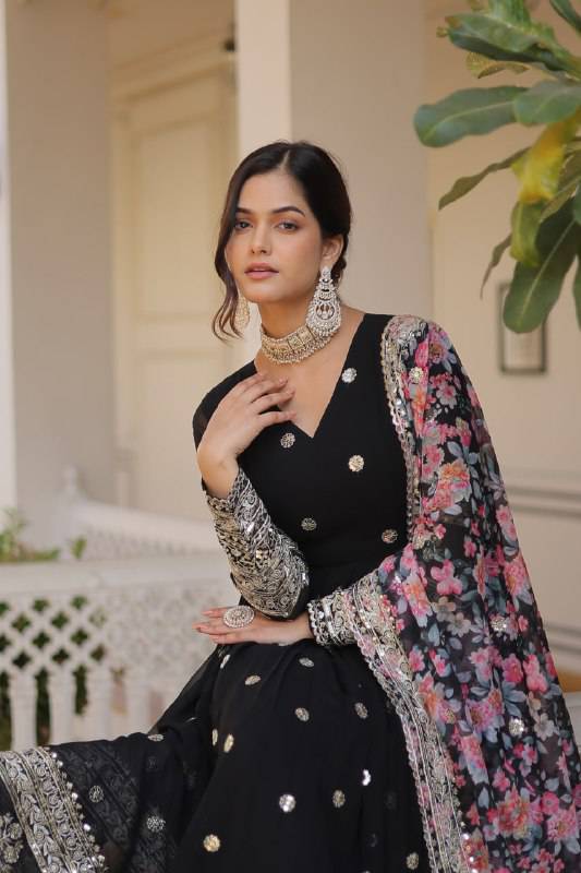 Elegant Faux Georgette Intricate Zari Sequins Worked Gown With Dupatta - INDIAN ELEGANCE