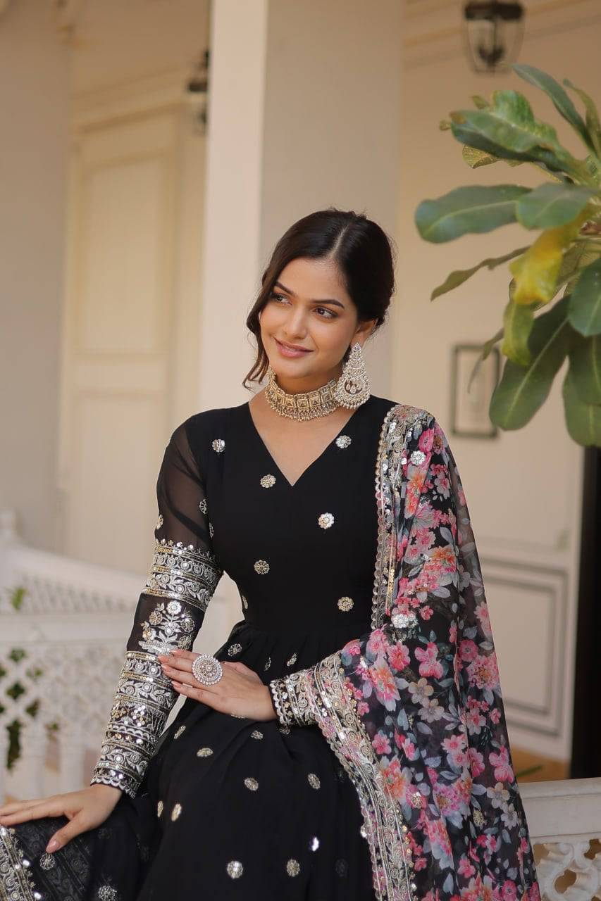 Elegant Faux Georgette Intricate Zari Sequins Worked Gown With Dupatta - INDIAN ELEGANCE
