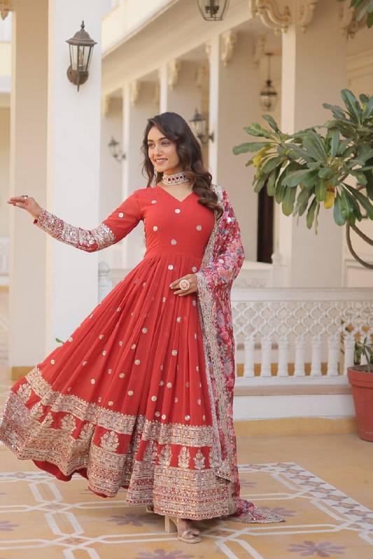 Elegant Faux Georgette Intricate Zari Sequins Worked Gown With Dupatta - INDIAN ELEGANCE