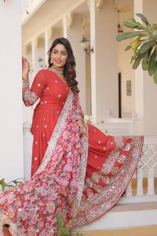 Elegant Faux Georgette Intricate Zari Sequins Worked Gown With Dupatta - INDIAN ELEGANCE