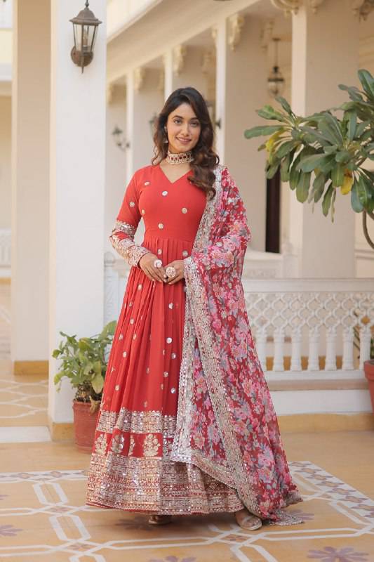Elegant Faux Georgette Intricate Zari Sequins Worked Gown With Dupatta - INDIAN ELEGANCE