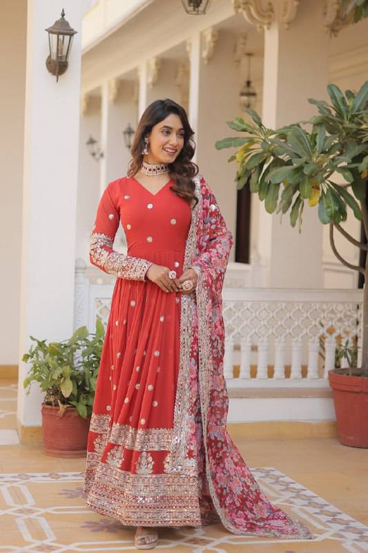 Elegant Faux Georgette Intricate Zari Sequins Worked Gown With Dupatta - INDIAN ELEGANCE