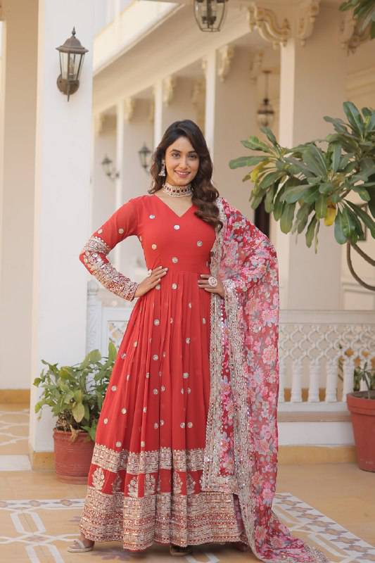 Elegant Faux Georgette Intricate Zari Sequins Worked Gown With Dupatta - INDIAN ELEGANCE