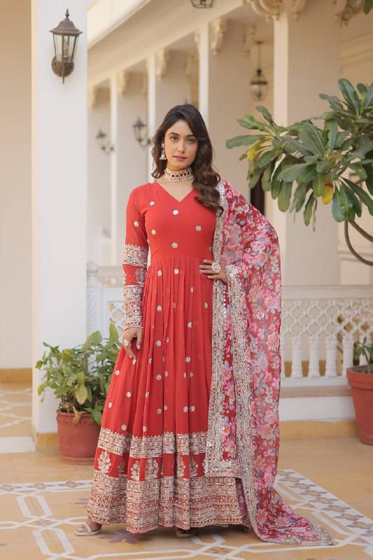 Elegant Faux Georgette Intricate Zari Sequins Worked Gown With Dupatta - INDIAN ELEGANCE