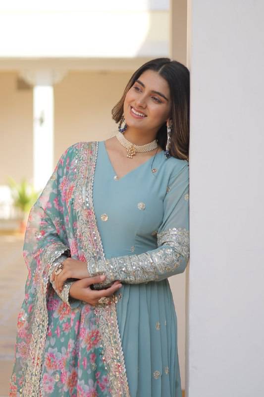 Elegant Faux Georgette Intricate Zari Sequins Worked Gown With Dupatta - INDIAN ELEGANCE