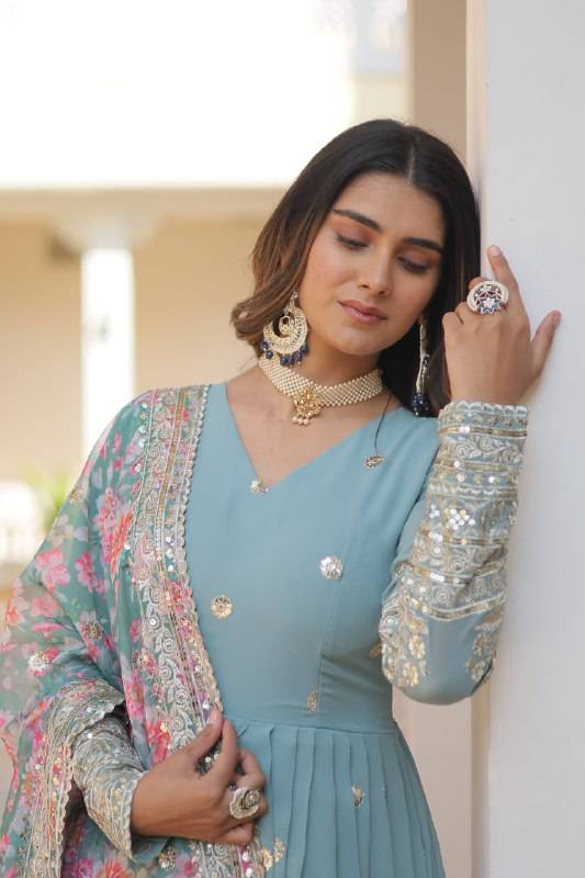 Elegant Faux Georgette Intricate Zari Sequins Worked Gown With Dupatta - INDIAN ELEGANCE
