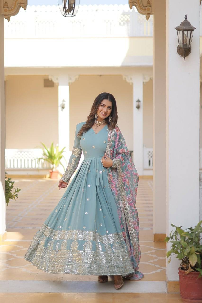 Elegant Faux Georgette Intricate Zari Sequins Worked Gown With Dupatta - INDIAN ELEGANCE