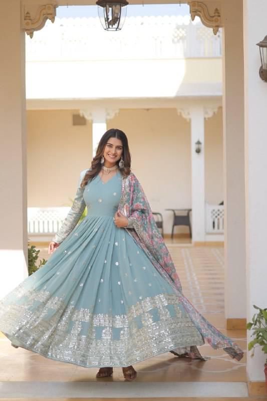 Elegant Faux Georgette Intricate Zari Sequins Worked Gown With Dupatta - INDIAN ELEGANCE