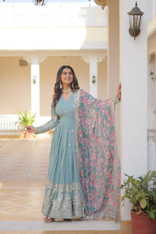 Elegant Faux Georgette Intricate Zari Sequins Worked Gown With Dupatta - INDIAN ELEGANCE