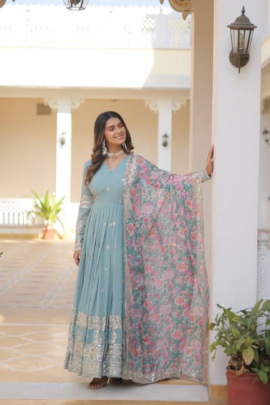 Elegant Faux Georgette Intricate Zari Sequins Worked Gown With Dupatta - INDIAN ELEGANCE
