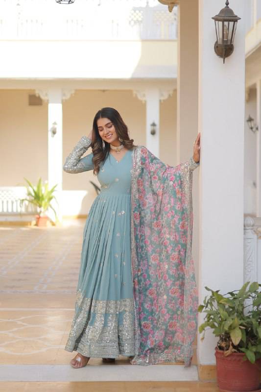 Elegant Faux Georgette Intricate Zari Sequins Worked Gown With Dupatta - INDIAN ELEGANCE