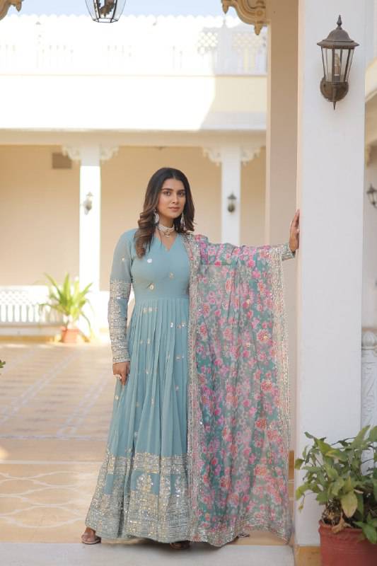 Elegant Faux Georgette Intricate Zari Sequins Worked Gown With Dupatta - INDIAN ELEGANCE
