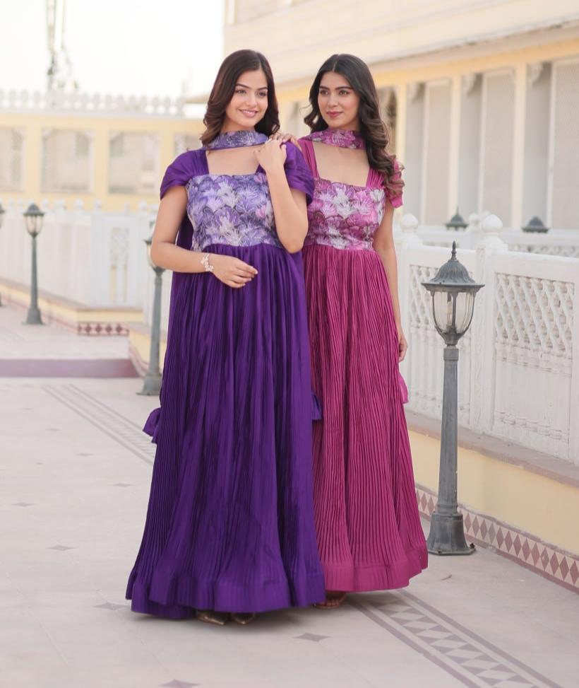 Appealing Chinon Position Printed Fully Stitched Gown With Dupatta - INDIAN ELEGANCE
