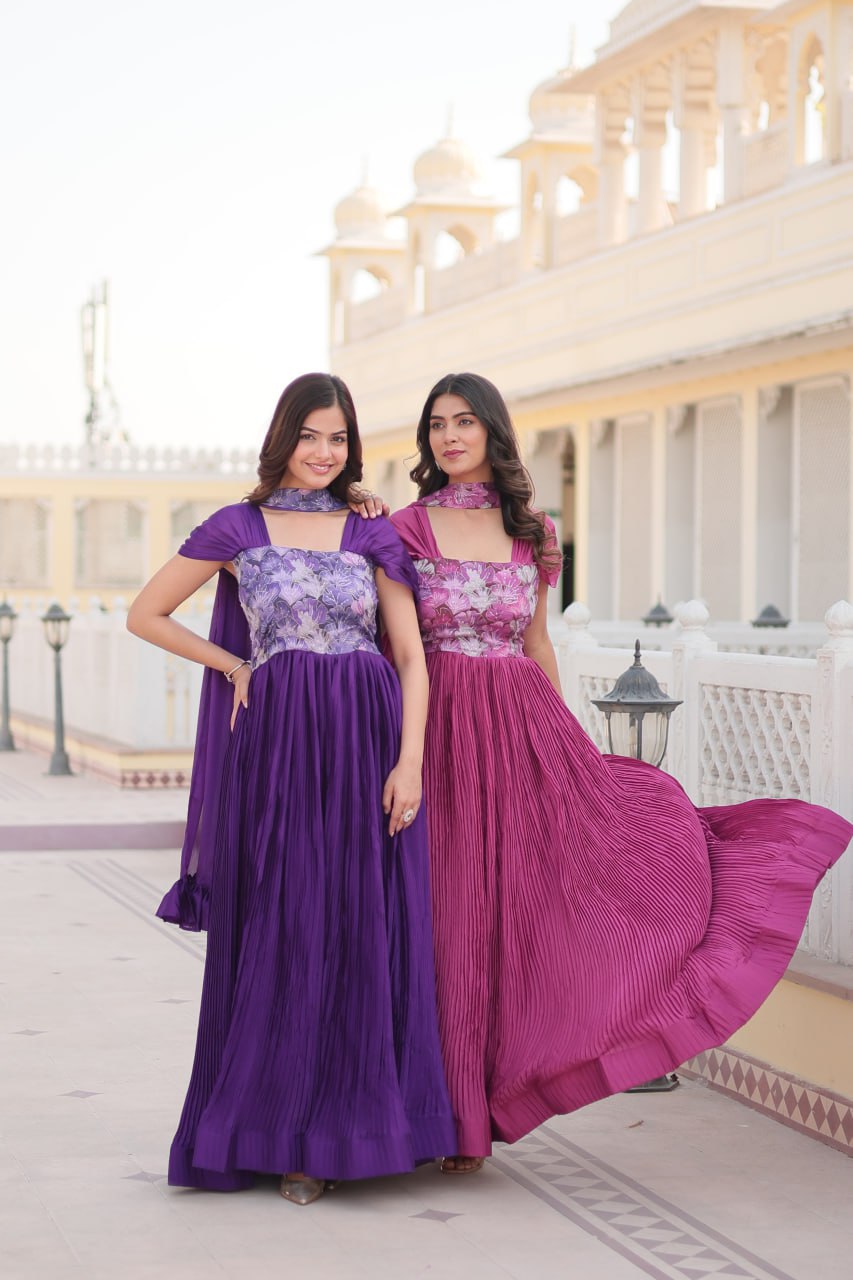Appealing Chinon Position Printed Fully Stitched Gown With Dupatta - INDIAN ELEGANCE
