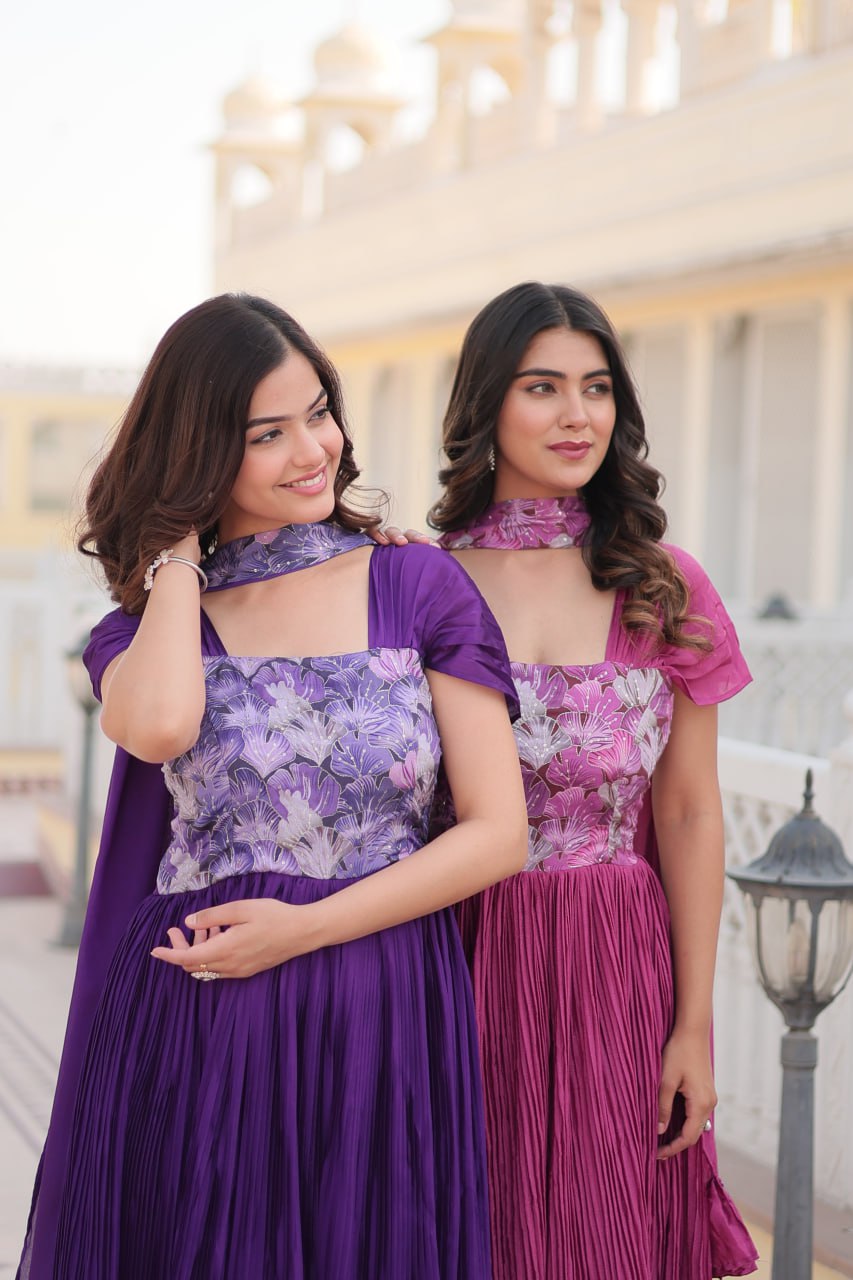 Appealing Chinon Position Printed Fully Stitched Gown With Dupatta - INDIAN ELEGANCE