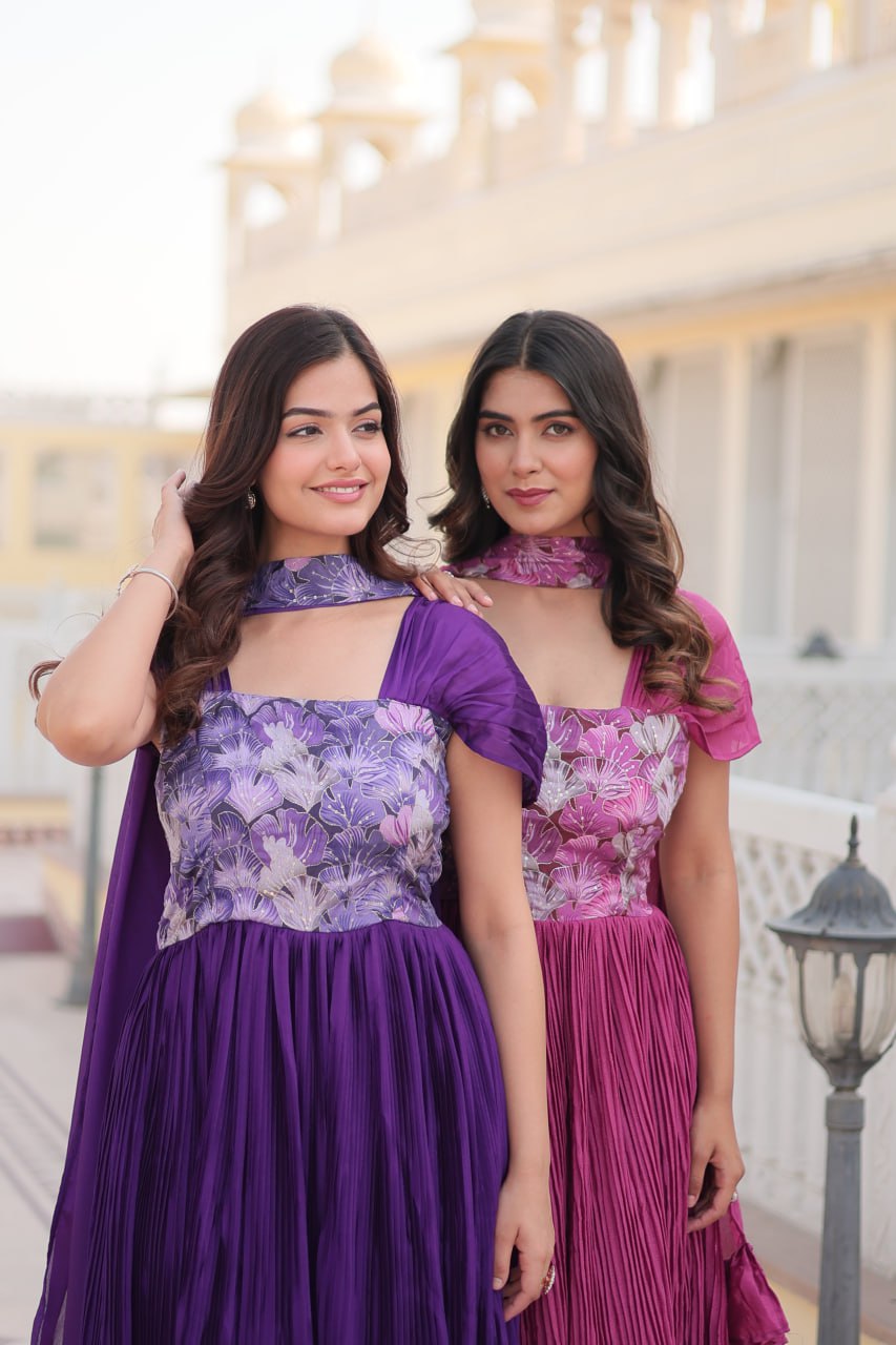 Appealing Chinon Position Printed Fully Stitched Gown With Dupatta - INDIAN ELEGANCE
