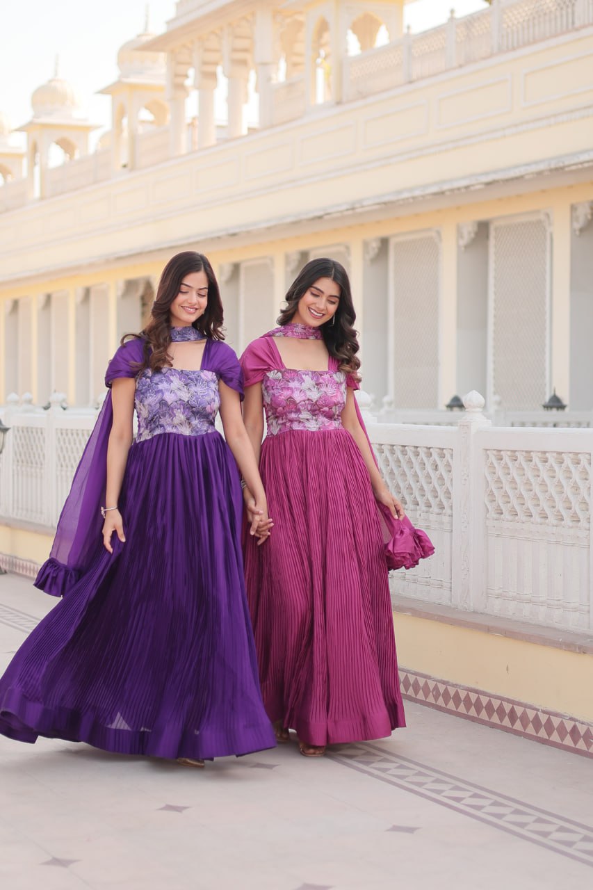 Appealing Chinon Position Printed Fully Stitched Gown With Dupatta - INDIAN ELEGANCE