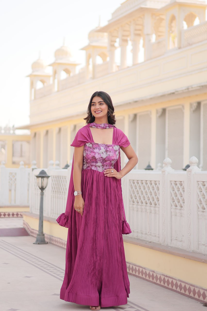 Appealing Chinon Position Printed Fully Stitched Gown With Dupatta - INDIAN ELEGANCE