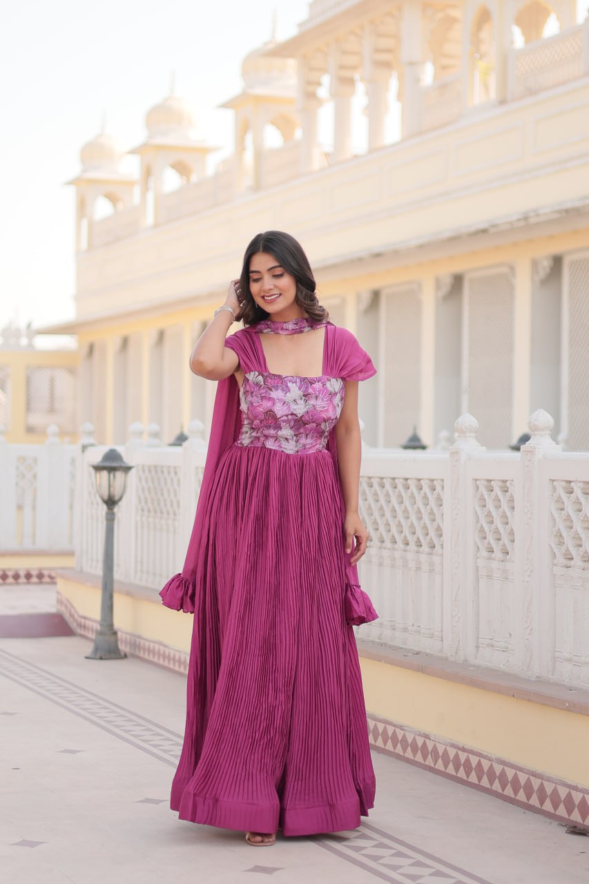Appealing Chinon Position Printed Fully Stitched Gown With Dupatta - INDIAN ELEGANCE
