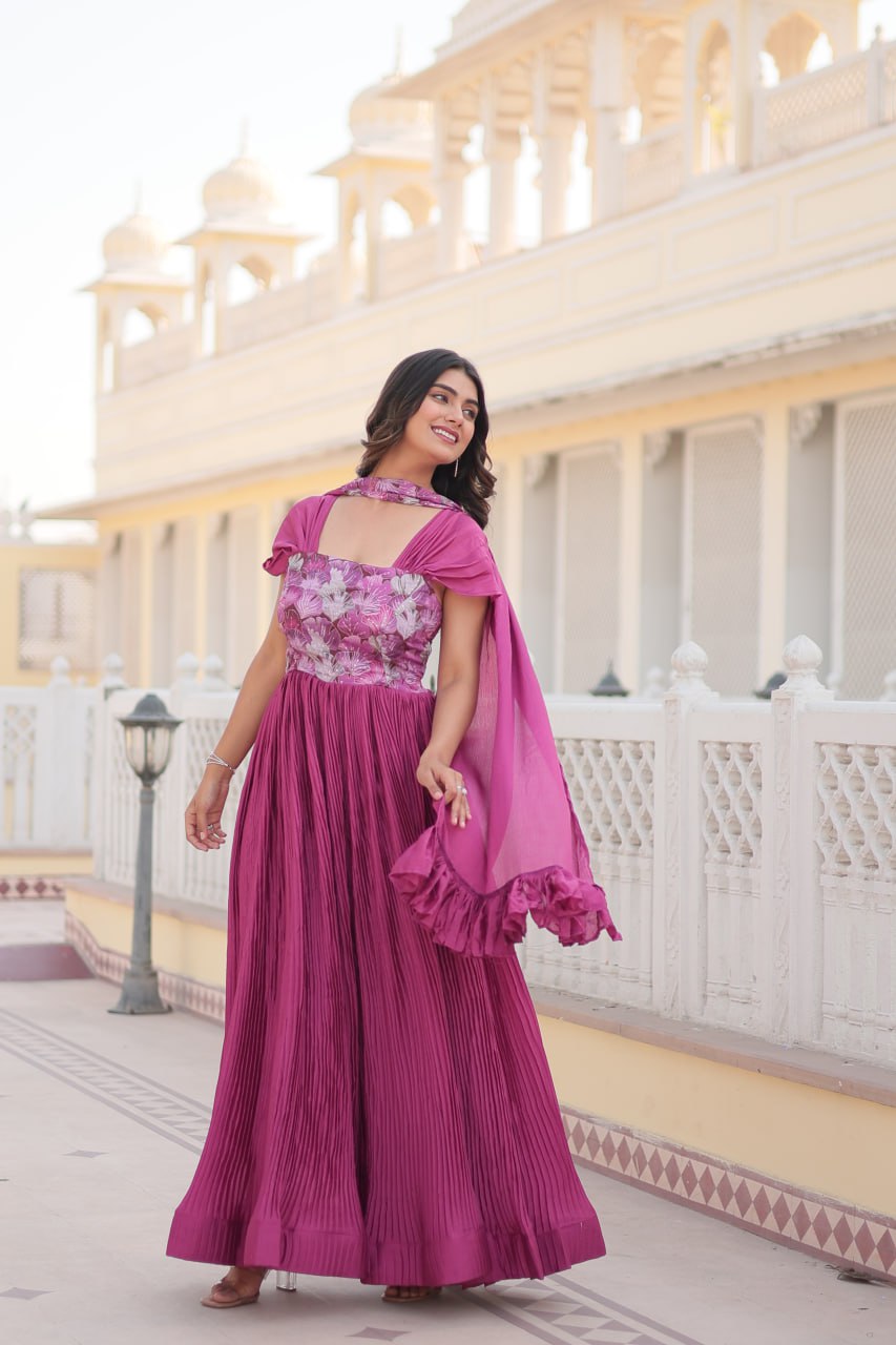 Appealing Chinon Position Printed Fully Stitched Gown With Dupatta - INDIAN ELEGANCE