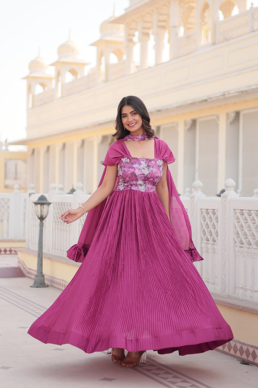Appealing Chinon Position Printed Fully Stitched Gown With Dupatta - INDIAN ELEGANCE