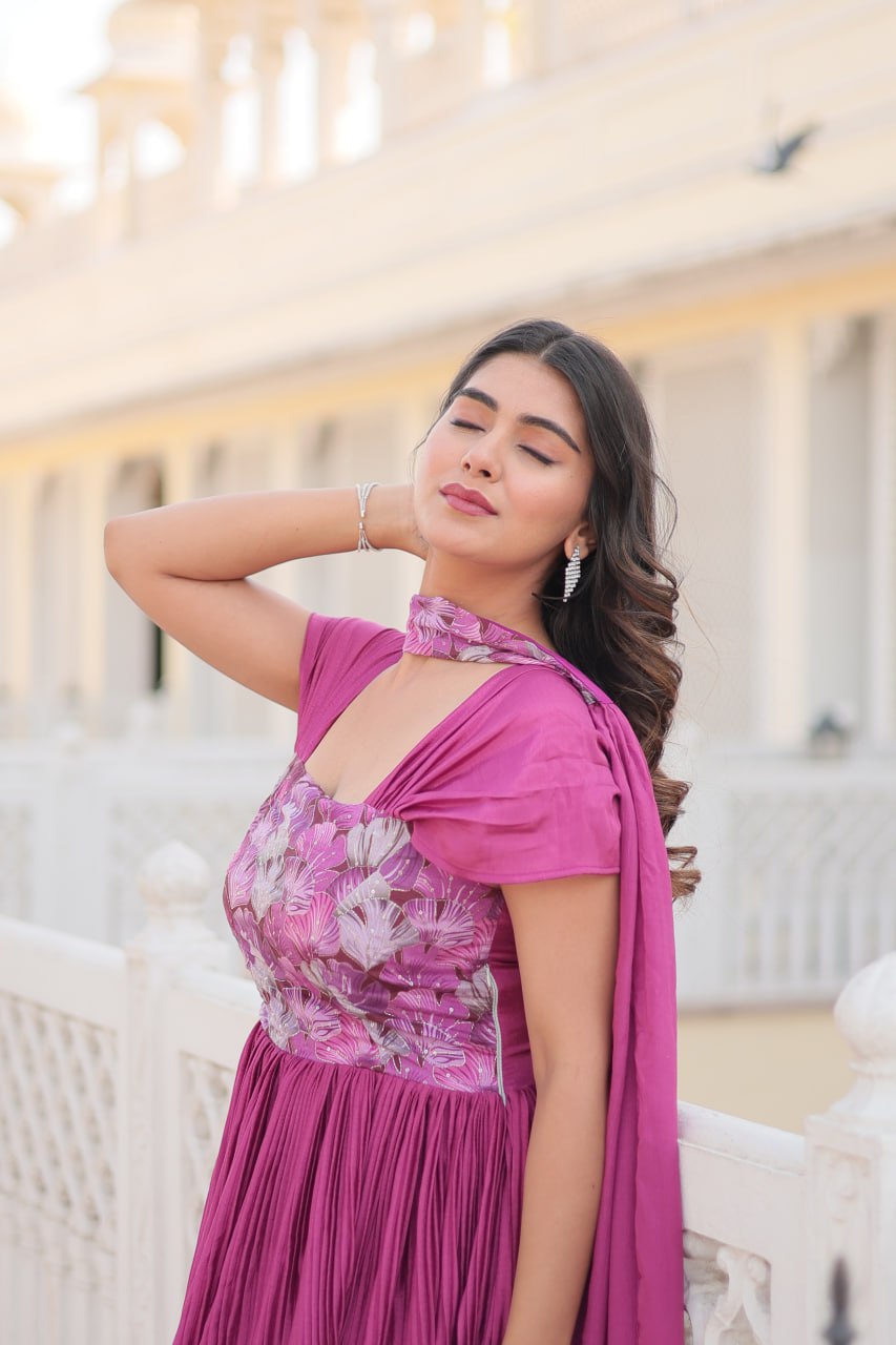 Appealing Chinon Position Printed Fully Stitched Gown With Dupatta - INDIAN ELEGANCE