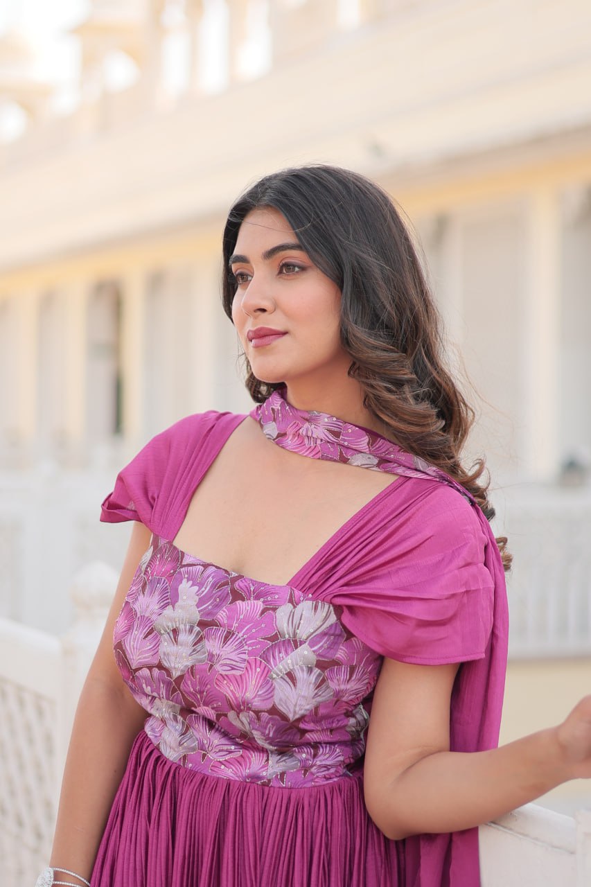 Appealing Chinon Position Printed Fully Stitched Gown With Dupatta - INDIAN ELEGANCE