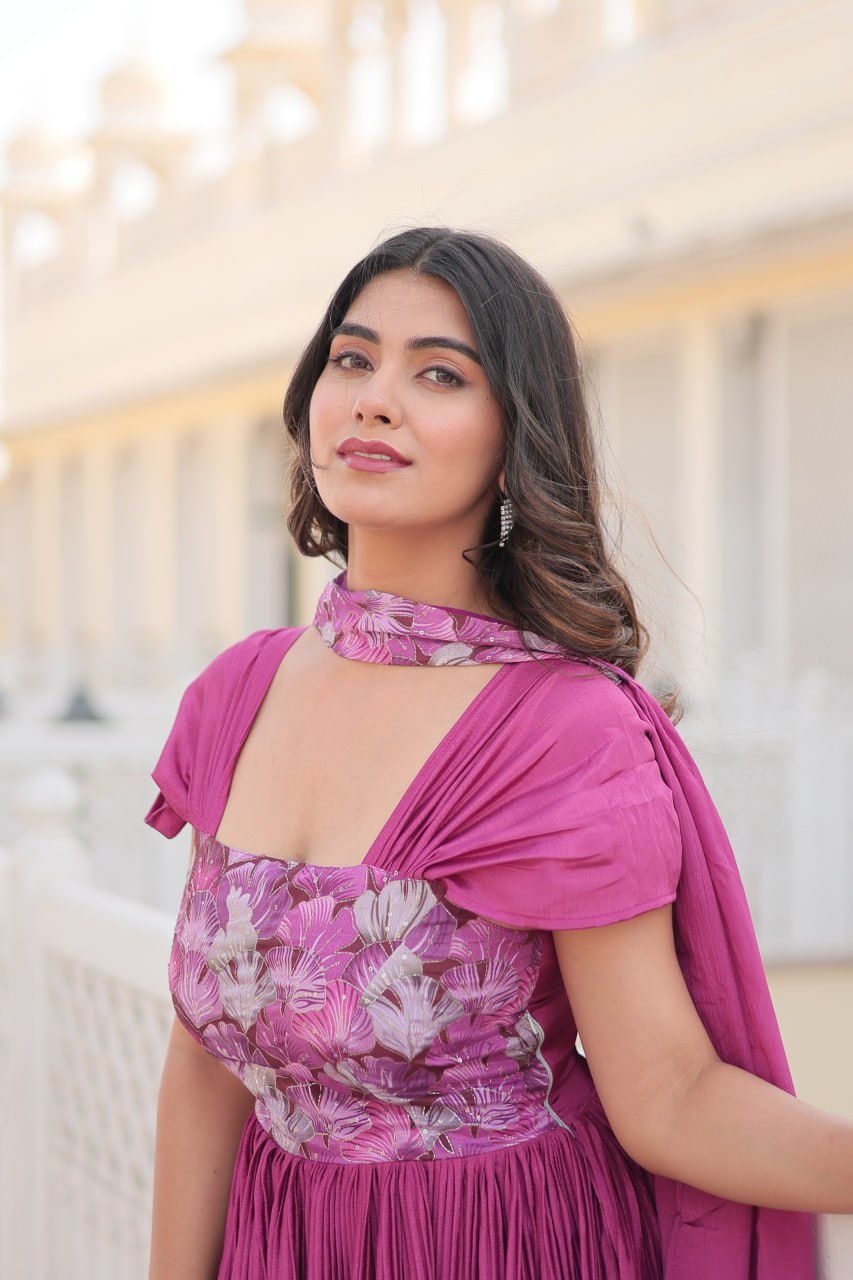 Appealing Chinon Position Printed Fully Stitched Gown With Dupatta - INDIAN ELEGANCE
