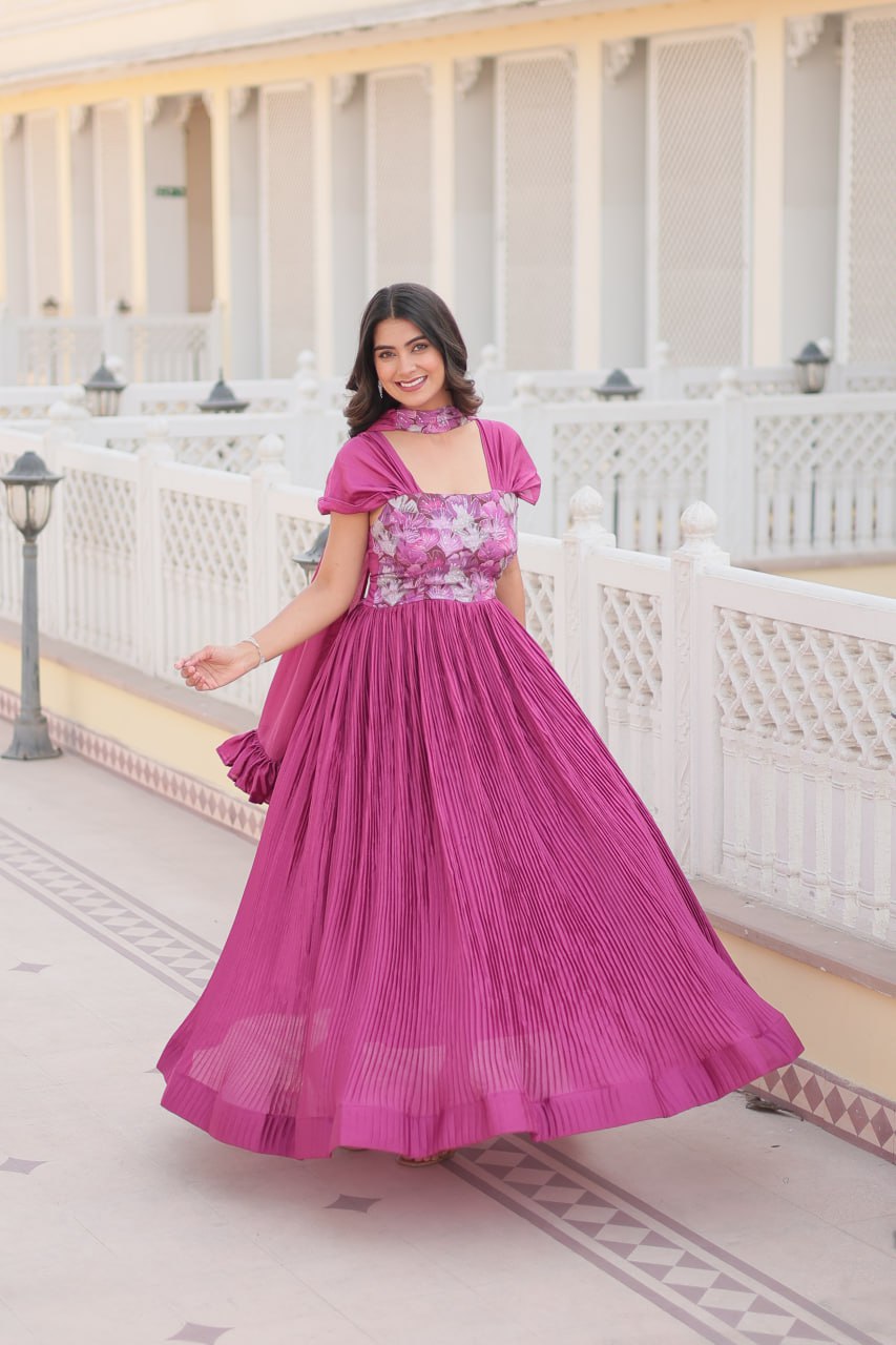 Appealing Chinon Position Printed Fully Stitched Gown With Dupatta - INDIAN ELEGANCE