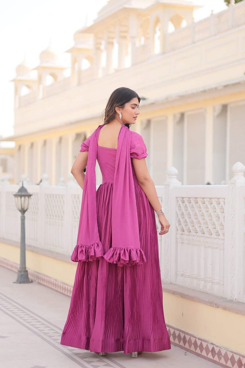 Appealing Chinon Position Printed Fully Stitched Gown With Dupatta - INDIAN ELEGANCE