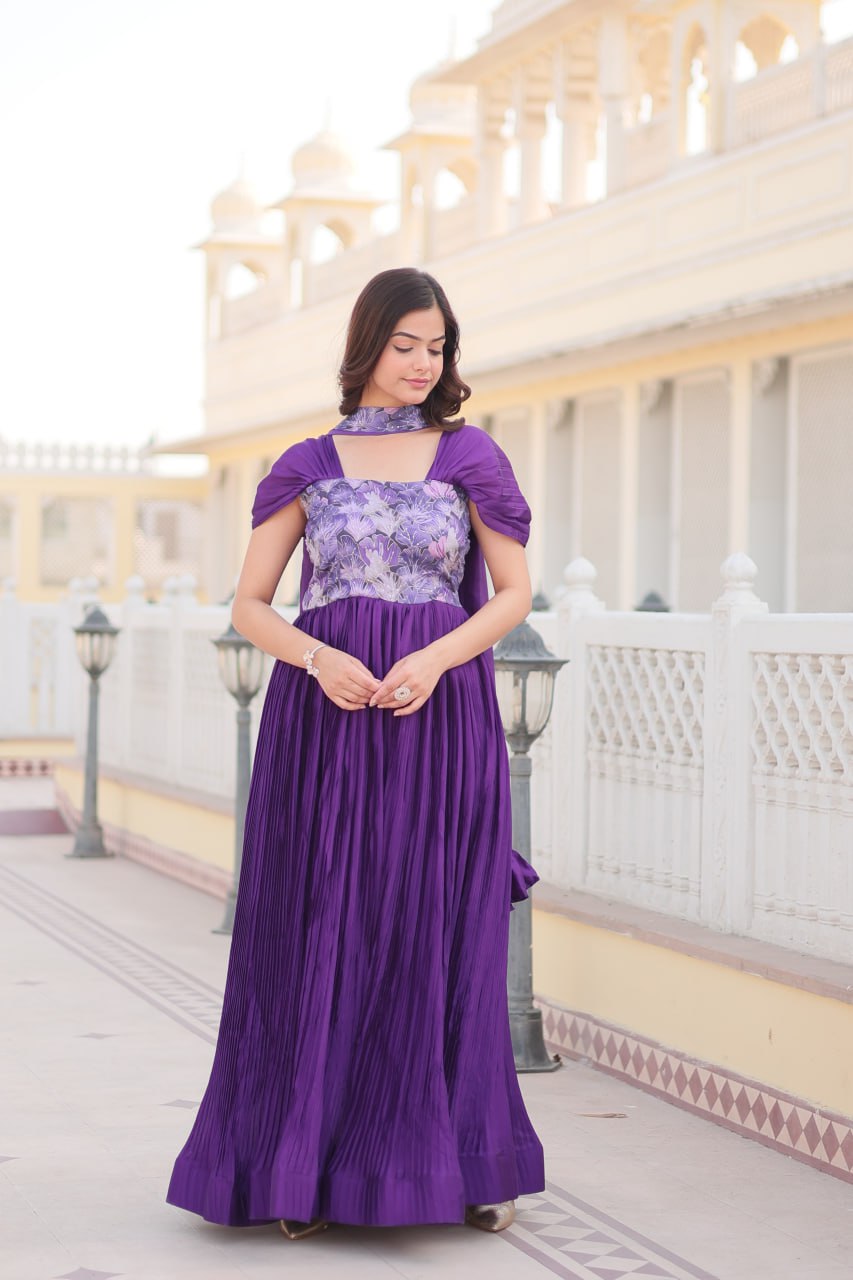 Appealing Chinon Position Printed Fully Stitched Gown With Dupatta - INDIAN ELEGANCE