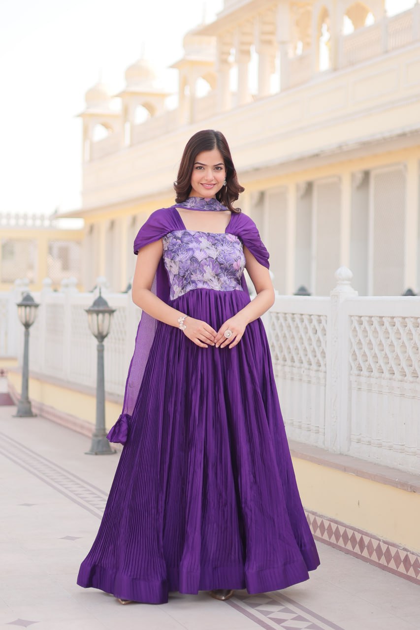 Appealing Chinon Position Printed Fully Stitched Gown With Dupatta - INDIAN ELEGANCE