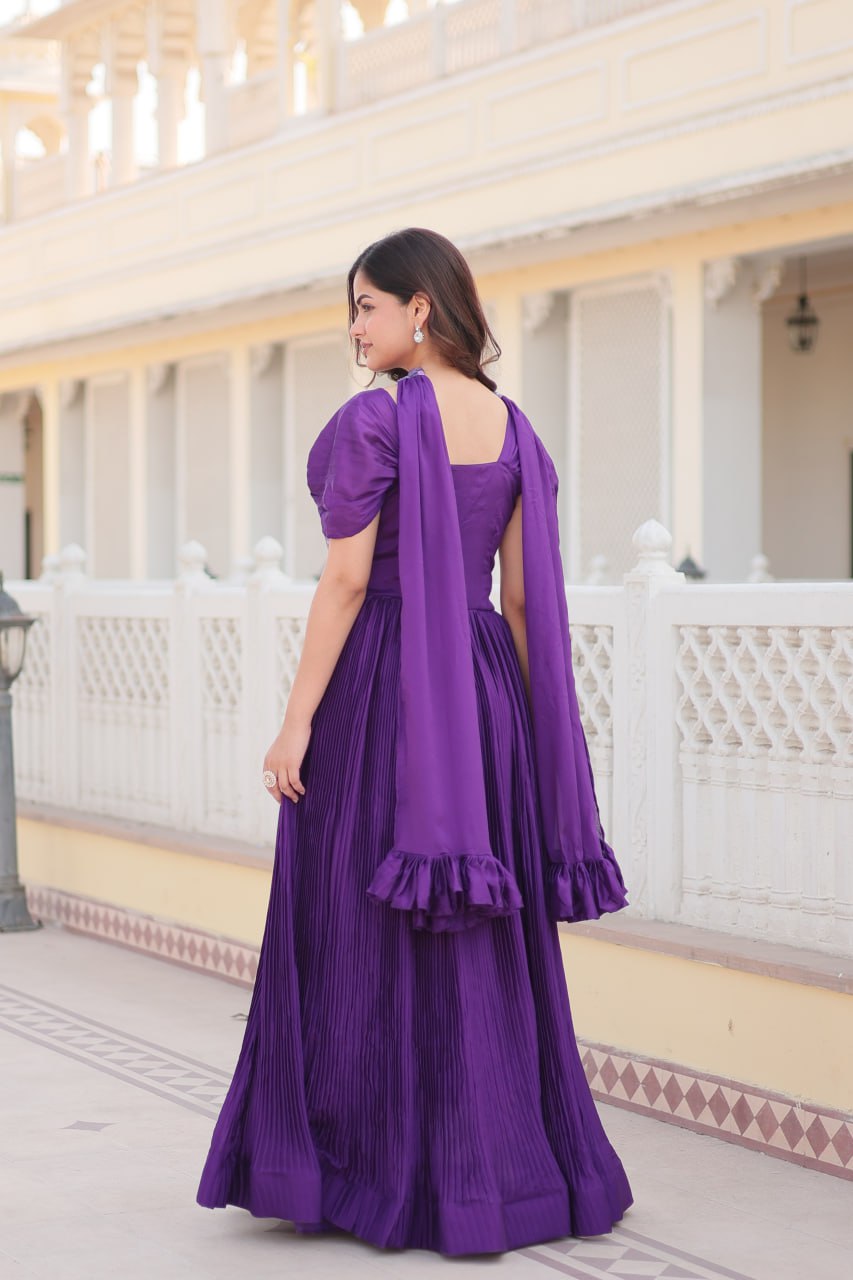 Appealing Chinon Position Printed Fully Stitched Gown With Dupatta - INDIAN ELEGANCE