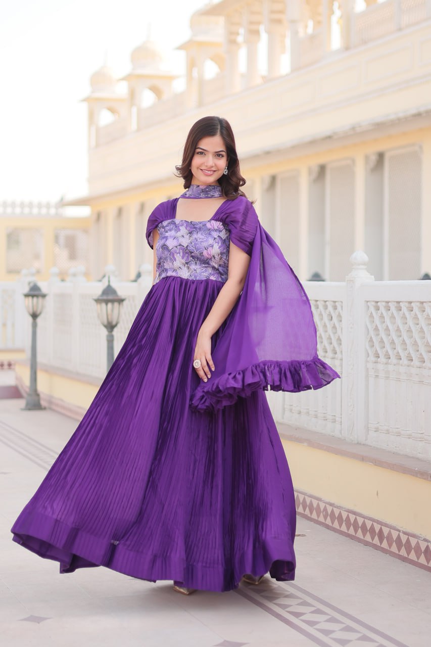 Appealing Chinon Position Printed Fully Stitched Gown With Dupatta - INDIAN ELEGANCE
