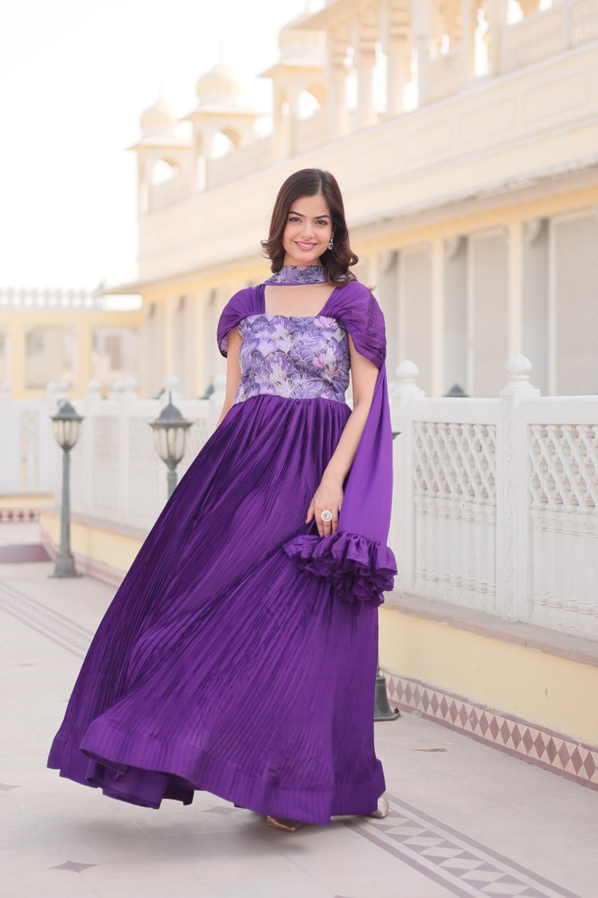 Appealing Chinon Position Printed Fully Stitched Gown With Dupatta - INDIAN ELEGANCE