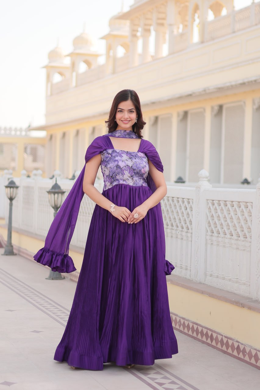 Appealing Chinon Position Printed Fully Stitched Gown With Dupatta - INDIAN ELEGANCE